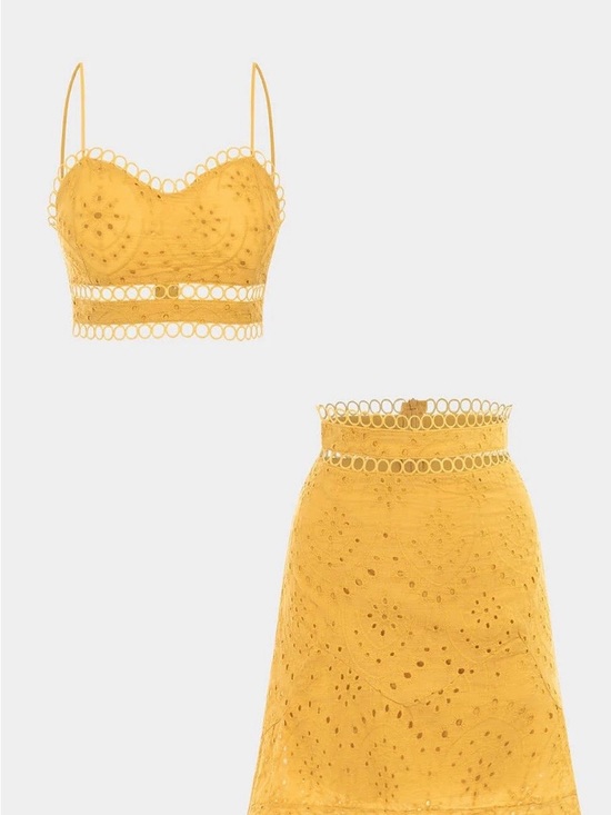 Micas Dresses & Skirts - Yellow Eyelet Two-Piece Skirt Set - Elegant Crop Top & A-Line Skirt